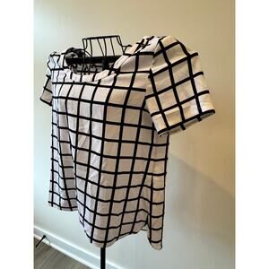 Banana Republic Grid Print Blouse Black White Short Sleeve Top Size Small